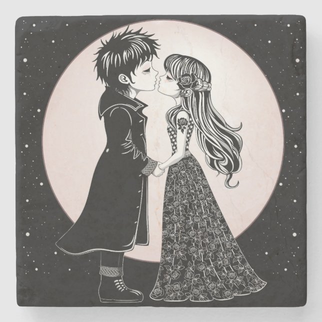 Dessous-de-verre En Pierre Gothique Emo Enfants Kiss Valentine's Day (Devant)