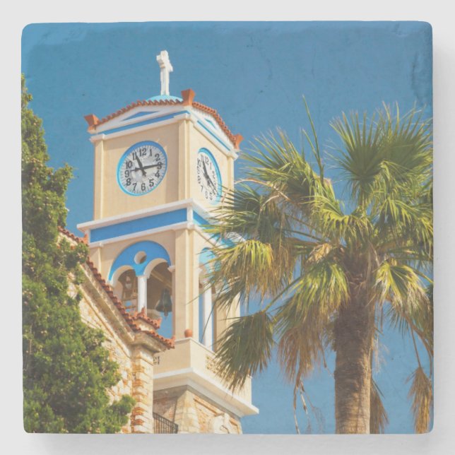 Dessous-de-verre En Pierre Grèce - Église grecque orthodoxe avec palmier (Devant)