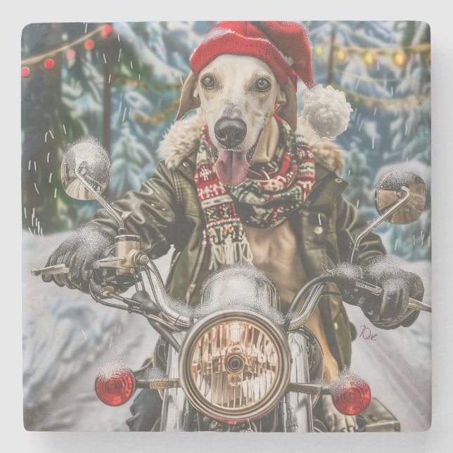 Dessous-de-verre En Pierre Greyhound Chien équitation Moto Noël (Devant)