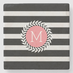 Dessous-de-verre En Pierre Grilles noires et blanches monogrammes et couronne