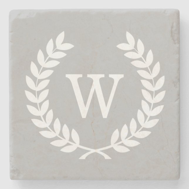 Dessous-de-verre En Pierre Gris Blanc Blé Laurel Wreath Initial Monogramme (Devant)