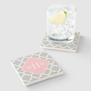 Dessous-de-verre En Pierre Gris Blanc Marocain #5 Rose 3 Monogramme initial
