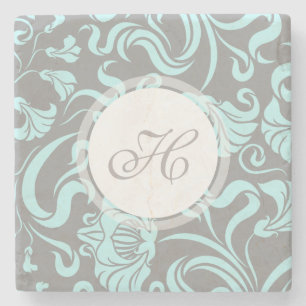 Dessous-de-verre En Pierre Gris Bleu Vintage Motif Floral Monogramme Pierre C