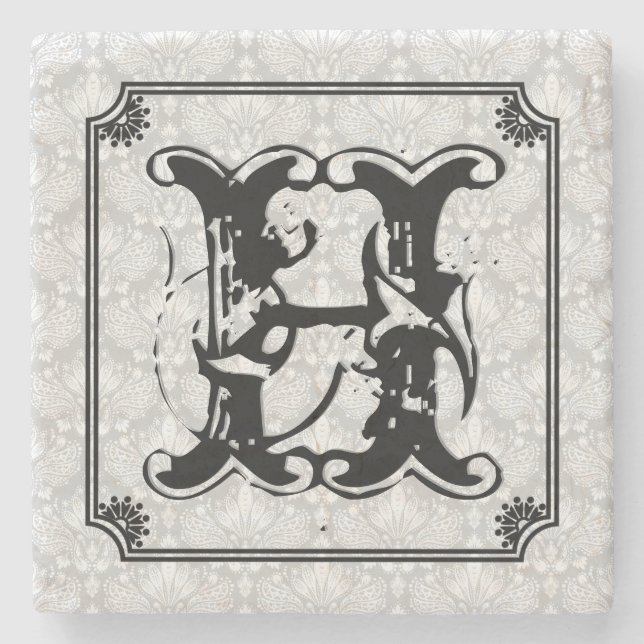 Dessous-de-verre En Pierre Gros Monogramme Cadre Art Déco Blanc Damas (Devant)