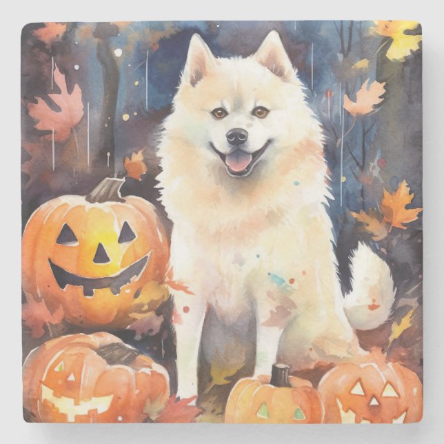 Dessous-de-verre En Pierre Halloween Akita Américain Avec La Peur Citrouille (Devant)