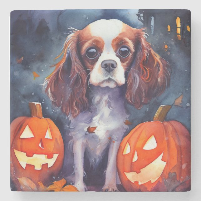 Dessous-de-verre En Pierre Halloween Cavalier King Charles Citrouille espagno (Devant)
