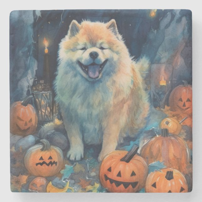 Dessous-de-verre En Pierre Halloween Chow Chow Avec La Peur Citrouille (Devant)