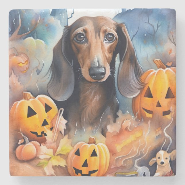 Dessous-de-verre En Pierre Halloween Dachshund Avec La Peur Citrouille (Devant)
