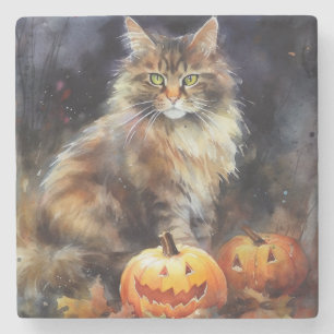 Dessous-de-verre En Pierre Halloween Maine Coon Chat Avec Crainte Citrouille
