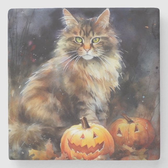 Dessous-de-verre En Pierre Halloween Maine Coon Chat Avec Crainte Citrouille (Devant)