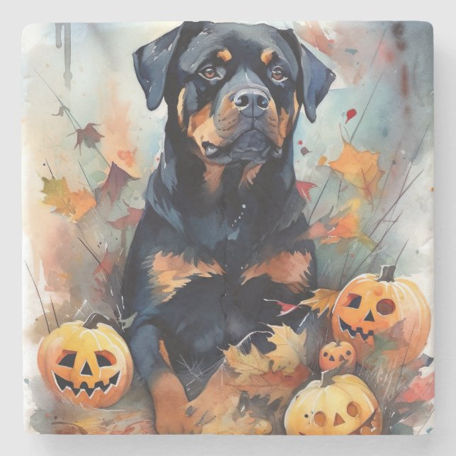 Dessous-de-verre En Pierre Halloween Rottweiler avec la peur Citrouille (Devant)