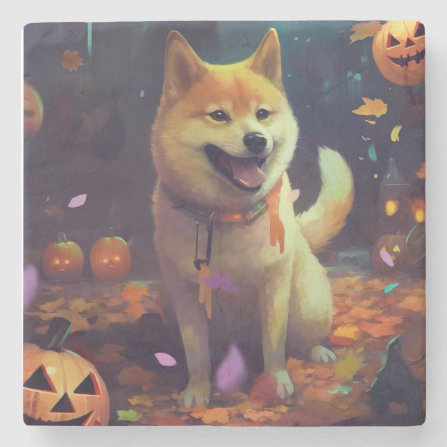 Dessous-de-verre En Pierre Halloween Shiba Inu Avec La Peur Citrouille (Devant)