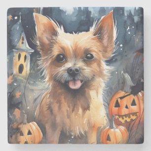 Dessous-de-verre En Pierre Halloween Terrier Australien Avec Peur Citrouille