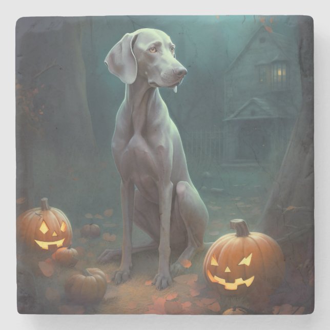 Dessous-de-verre En Pierre Halloween Weimaraner avec la peur Citrouille (Devant)