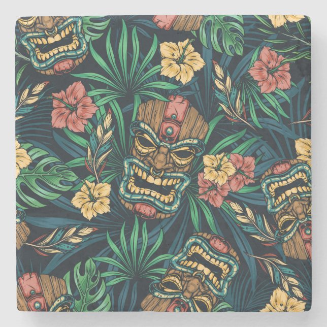 Dessous-de-verre En Pierre Hawaï Tiki Masque Motif tropical (Devant)