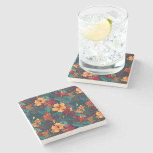 Dessous-de-verre En Pierre Hibiscus coloré, Jaune Orange Vert Floral