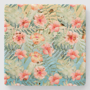 Dessous-de-verre En Pierre Hibiscus Floral de Pêche Rose Aqua Jaune