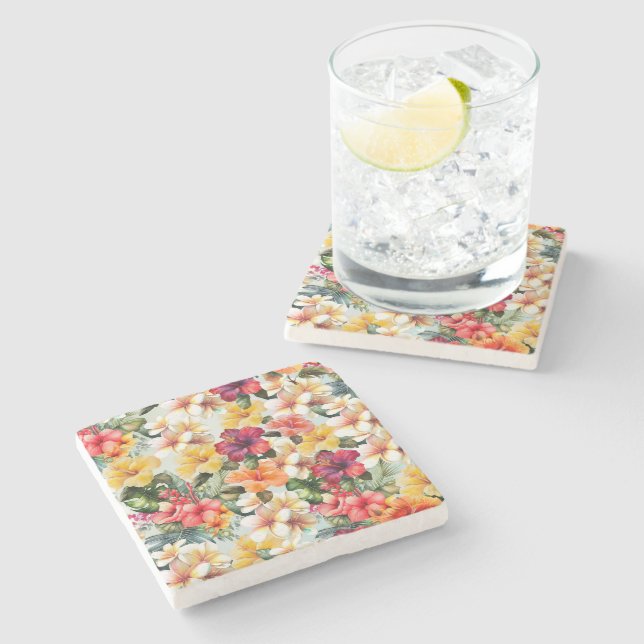 Dessous-de-verre En Pierre Hibiscus floral rouge tropical blanc jaune (Côté)