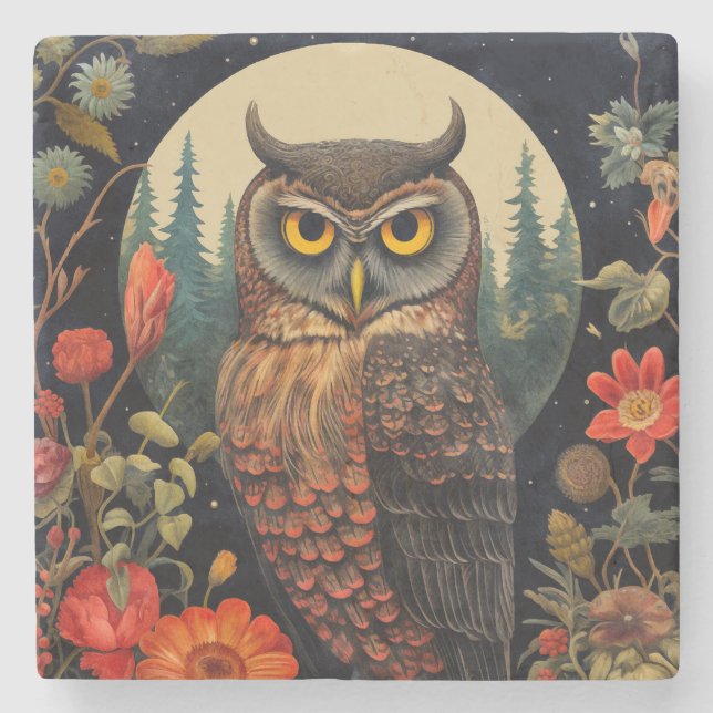 Dessous-de-verre En Pierre Hibou la nuit avec une pleine lune (Devant)