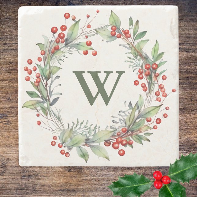 Dessous-de-verre En Pierre Holly Berry Wreath Monogramme (Créateur téléchargé)
