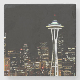 Dessous-de-verre En Pierre Horizon de Seattle la nuit, avec l'aiguille de