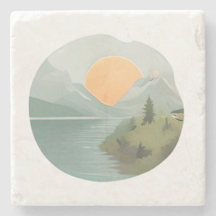 Dessous-de-verre En Pierre Horizon d'or : Coucher de soleil au bord du lac