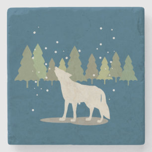 Dessous-de-verre En Pierre Howling Wolf dans la forêt de neige