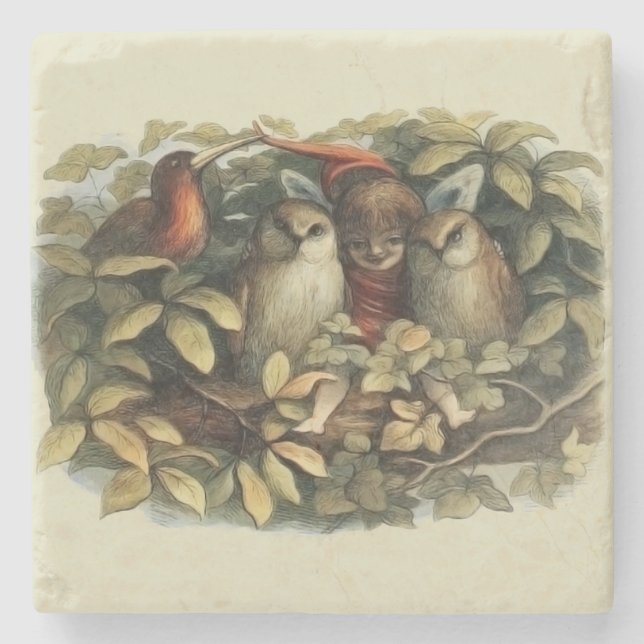 Dessous-de-verre En Pierre Illustration de la nature des hiboux et des fées d (Devant)