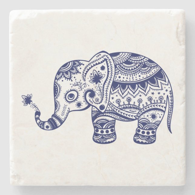 Dessous-de-verre En Pierre Illustration de l'éléphant floral bleu mou (Devant)