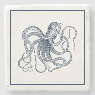 Dessous-de-verre En Pierre Illustration de pieuvre Vintage bleue