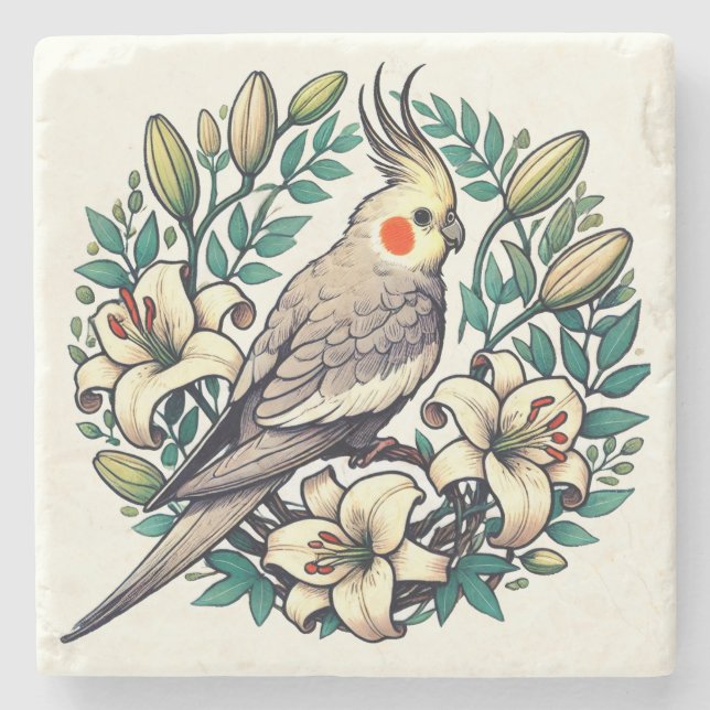 Dessous-de-verre En Pierre Illustration d'oiseaux de Cockatiel (Devant)