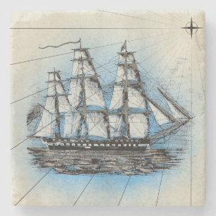 Dessous-de-verre En Pierre Illustration maritime de bateau grand vintage