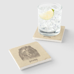 Dessous-de-verre En Pierre Illustration vintage de Lion sur Burlap Personnali