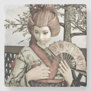 Dessous-de-verre En Pierre Illustration vintage d'un éventail de geisha en ki