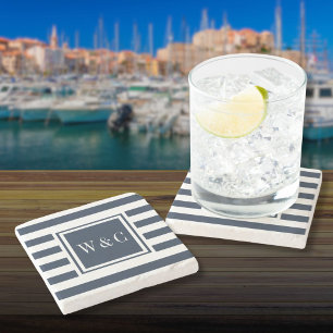 Dessous-de-verre En Pierre Initiales Monogramme Élégant Bleu Nuit Rayure Blan