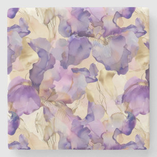 Dessous-de-verre En Pierre Iris Floral Abstrait Or Blanc Violet