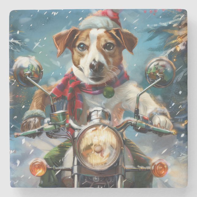 Dessous-de-verre En Pierre Jack Russell Chien équitation Moto Noël (Devant)