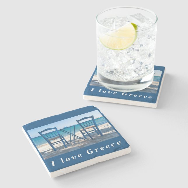 Dessous-de-verre En Pierre J'aime Grèce taverna photo bleu et blanc (Côté)