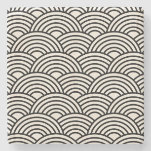 Dessous-de-verre En Pierre Japon Vague Seigaiha Noir Et Crème Blanc