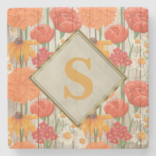 Dessous-de-verre En Pierre Jaune Orange Rouge Floral Blanc Marguerites Monogr