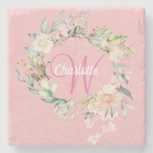 Dessous-de-verre En Pierre Joli monogramme de roses florales élégantes en scr