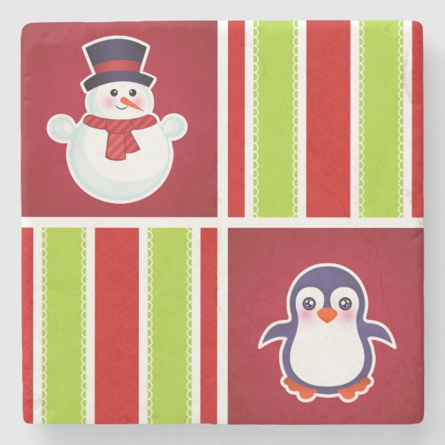 Dessous-de-verre En Pierre Joli Motif De Noël Avec Des Snowmen Et Des Pingoui (Devant)