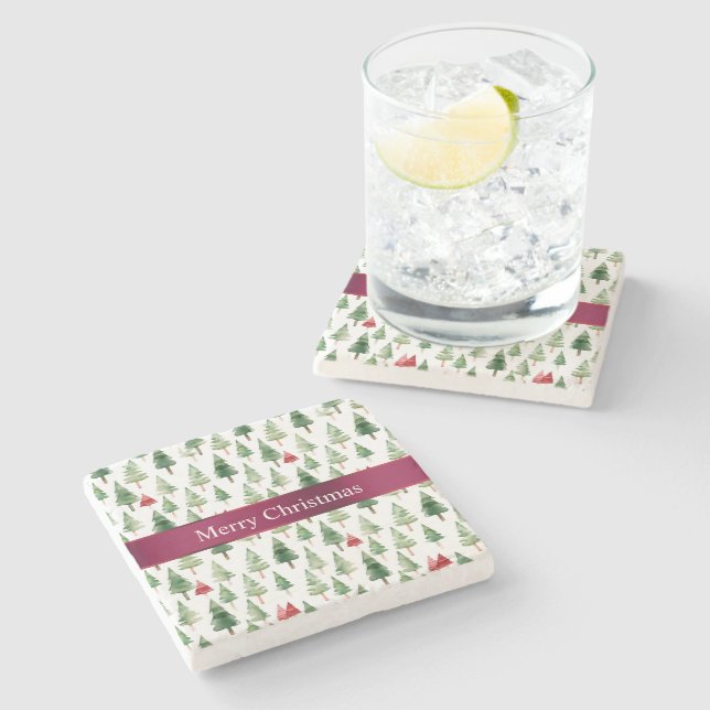 Dessous-de-verre En Pierre Joyeux arbres de Noël rouges verts (Côté)