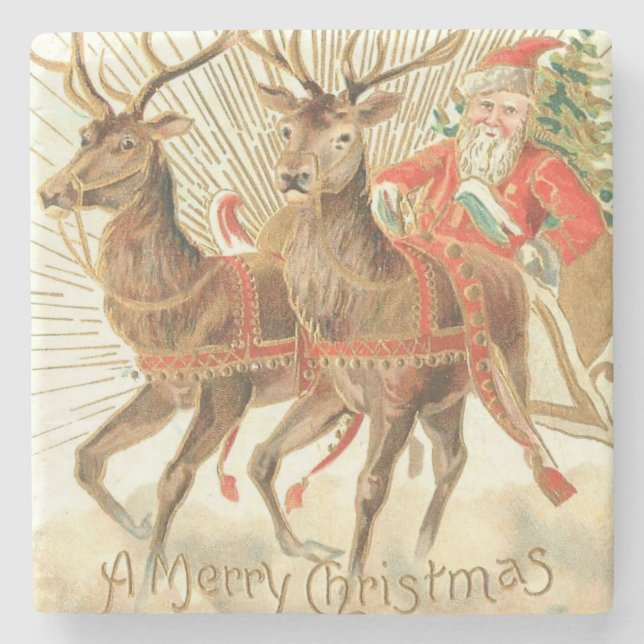 Dessous-de-verre En Pierre Joyeux Noël (Père Noël et son renne) (Devant)