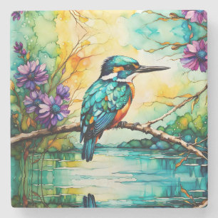 Dessous-de-verre En Pierre Kingfisher perché au-dessus des Fleurs sauvages d'