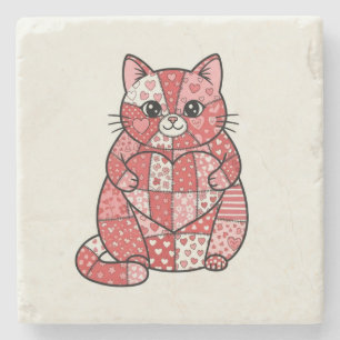 Dessous-de-verre En Pierre Kitten Patchwork Fantaisiste Tenant un Cœur d'Art