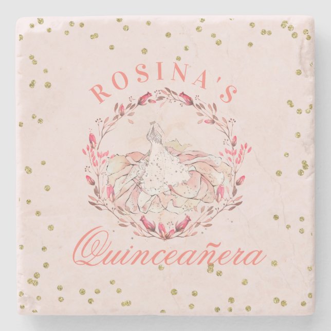 Dessous-de-verre En Pierre La fête rose de Quinceañera Rose favorise (Devant)