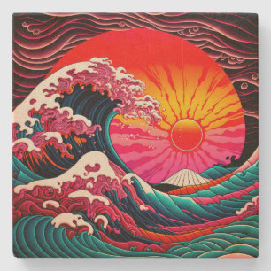 Dessous-de-verre En Pierre La grande vague de Synth de Kanagawa Retro 80s