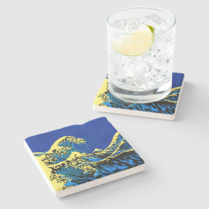 Dessous-de-verre En Pierre La Grande vague Hokusai dans le style Art Pop Bleu