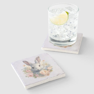 Dessous-de-verre En Pierre Lapin entouré de fleurs pastel Mignon